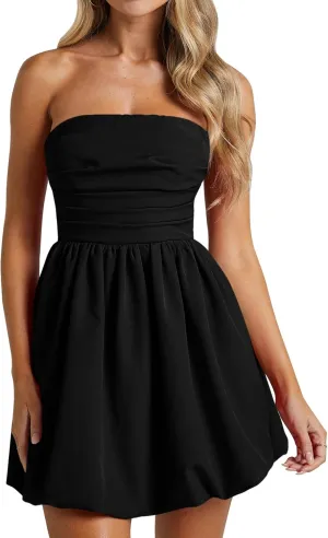 Wenrine Women's Sexy Strapless Summer Mini Dress Sleeveless Smocked A Lined Bubble Wedding Club Party Dress
