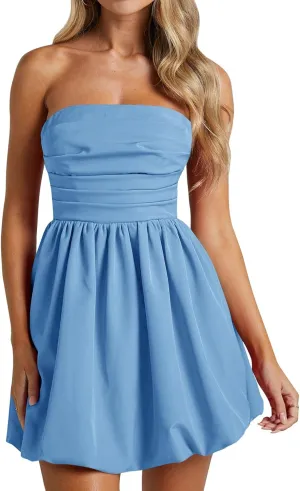 Wenrine Women's Sexy Strapless Summer Mini Dress Sleeveless Smocked A Lined Bubble Wedding Club Party Dress