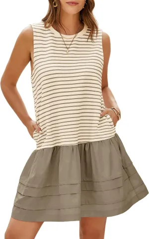 Wenrine Womens Summer Tank Mini Dress Casual Striped Sleeveless Crewneck Constrast Patchwork Loose Dresses
