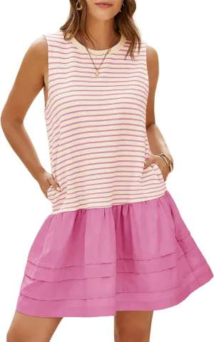 Wenrine Womens Summer Tank Mini Dress Casual Striped Sleeveless Crewneck Constrast Patchwork Loose Dresses