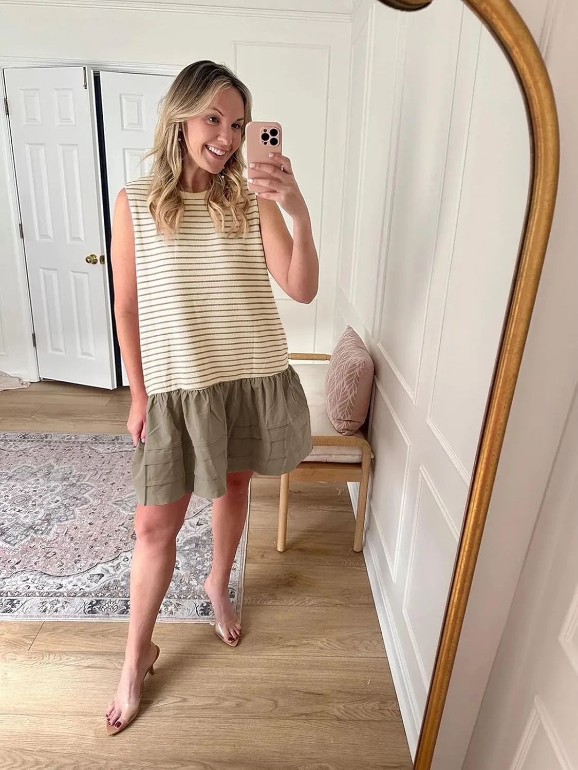 Wenrine Womens Summer Tank Mini Dress Casual Striped Sleeveless Crewneck Constrast Patchwork Loose Dresses