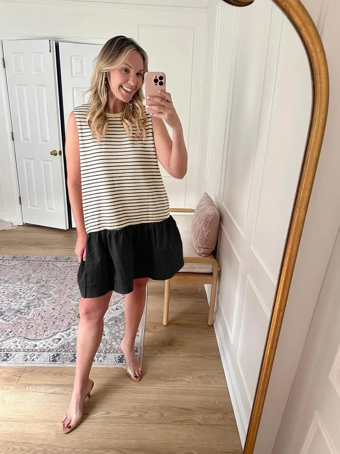 Wenrine Womens Summer Tank Mini Dress Casual Striped Sleeveless Crewneck Constrast Patchwork Loose Dresses