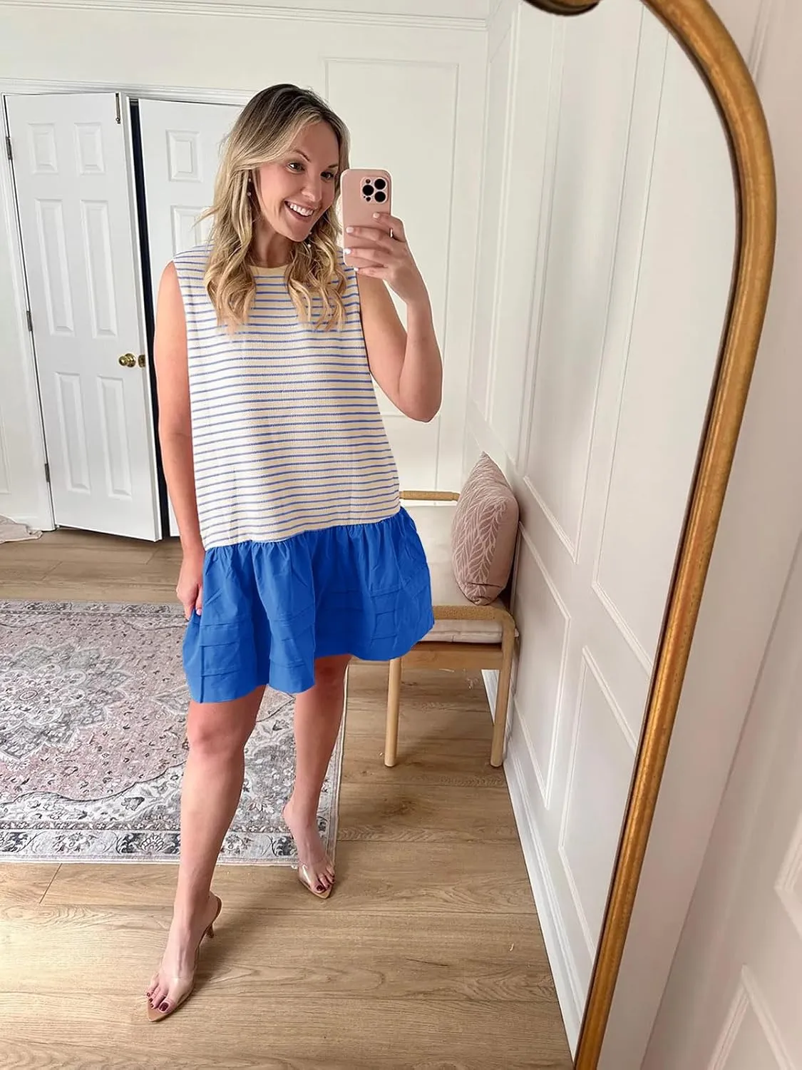 Wenrine Womens Summer Tank Mini Dress Casual Striped Sleeveless Crewneck Constrast Patchwork Loose Dresses