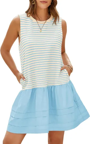 Wenrine Womens Summer Tank Mini Dress Casual Striped Sleeveless Crewneck Constrast Patchwork Loose Dresses