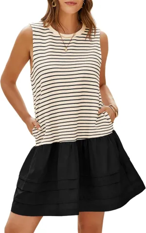 Wenrine Womens Summer Tank Mini Dress Casual Striped Sleeveless Crewneck Constrast Patchwork Loose Dresses