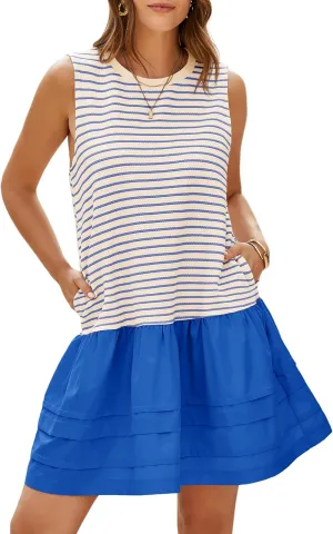 Wenrine Womens Summer Tank Mini Dress Casual Striped Sleeveless Crewneck Constrast Patchwork Loose Dresses