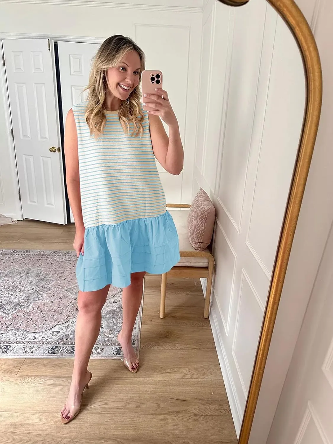 Wenrine Womens Summer Tank Mini Dress Casual Striped Sleeveless Crewneck Constrast Patchwork Loose Dresses