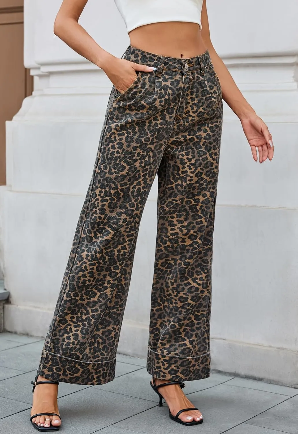 Wide Leg Jeans Woman High Waisted Leopard Print Baggy Jeans for Women Trendy Cuffed Denim Pants with Pockets