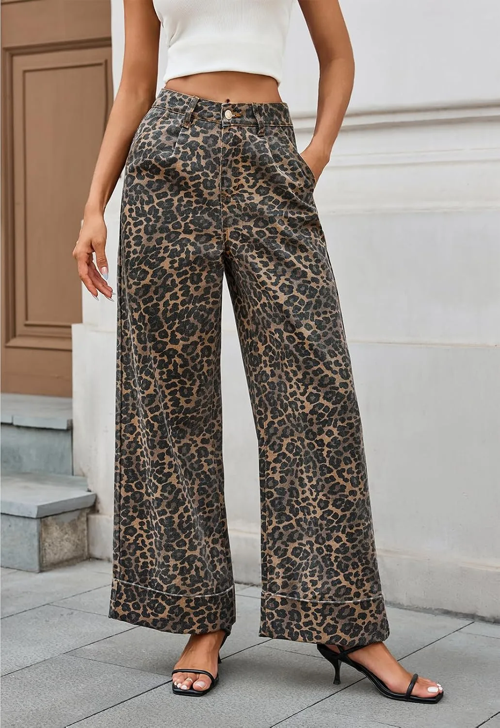 Wide Leg Jeans Woman High Waisted Leopard Print Baggy Jeans for Women Trendy Cuffed Denim Pants with Pockets