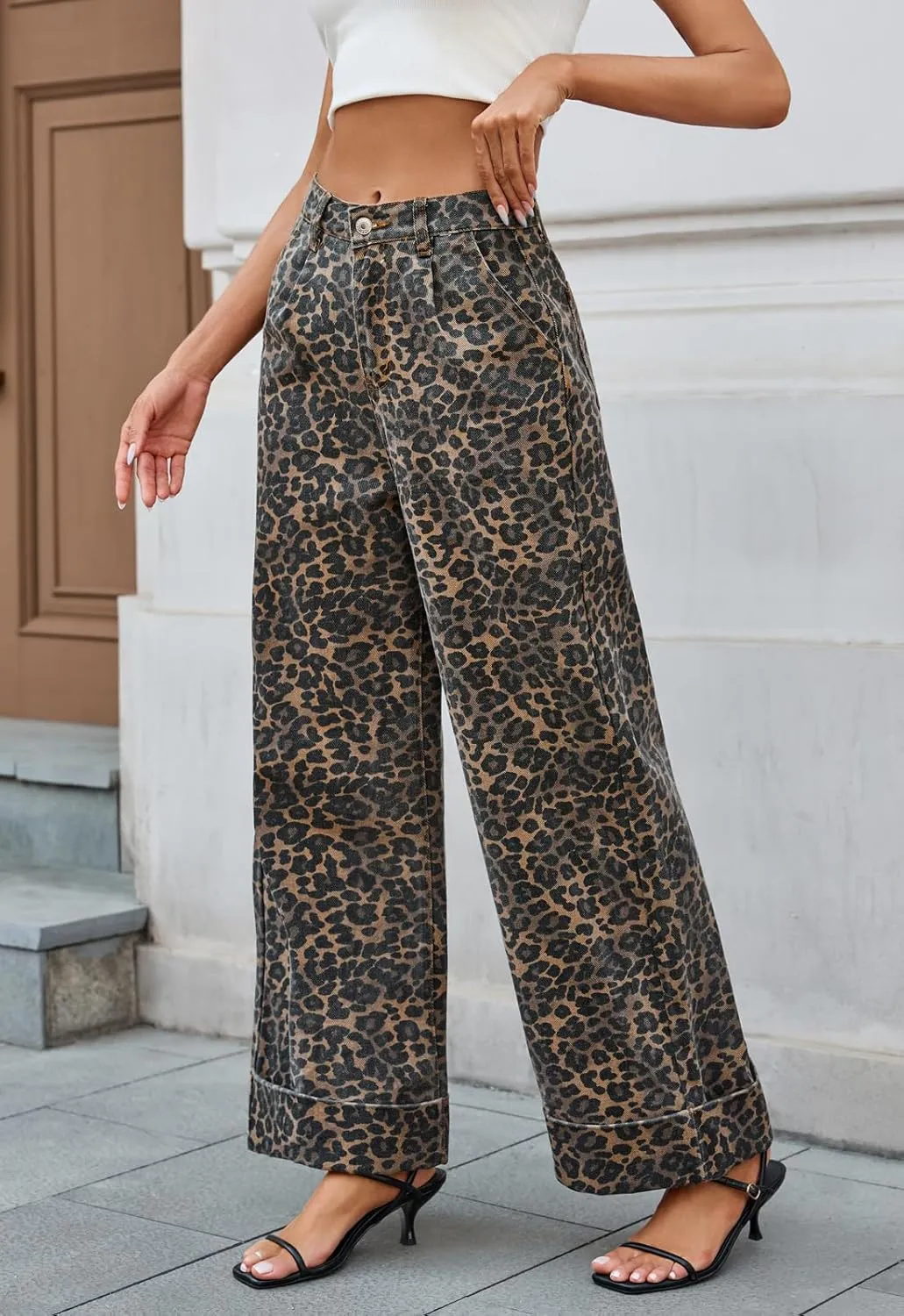 Wide Leg Jeans Woman High Waisted Leopard Print Baggy Jeans for Women Trendy Cuffed Denim Pants with Pockets
