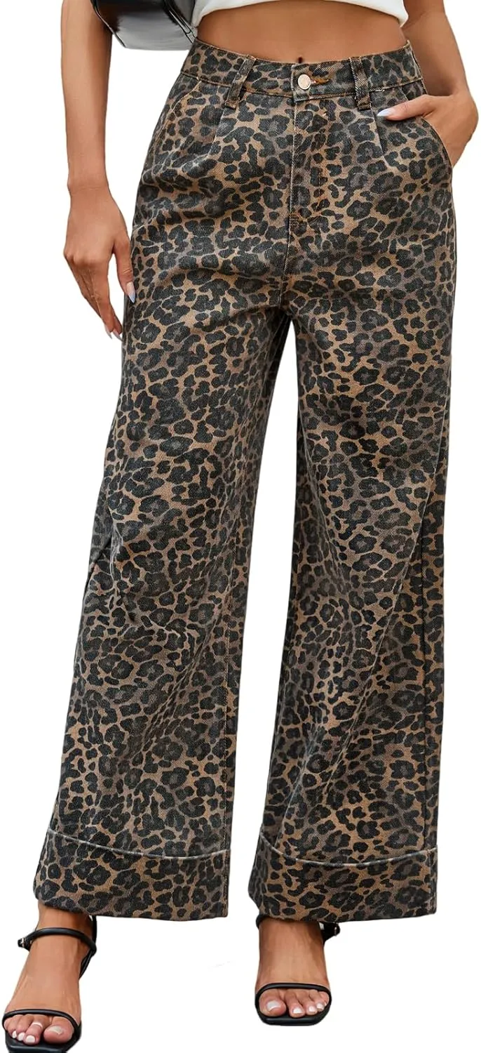 Wide Leg Jeans Woman High Waisted Leopard Print Baggy Jeans for Women Trendy Cuffed Denim Pants with Pockets