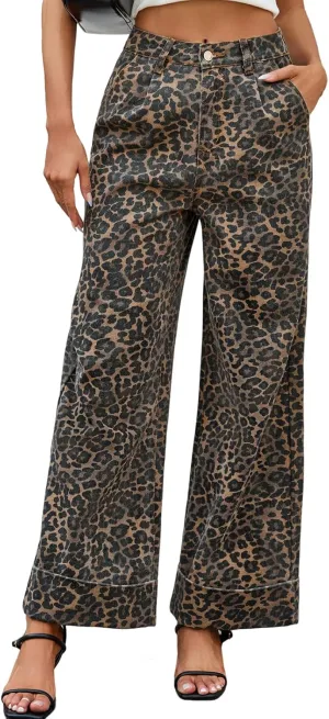 Wide Leg Jeans Woman High Waisted Leopard Print Baggy Jeans for Women Trendy Cuffed Denim Pants with Pockets