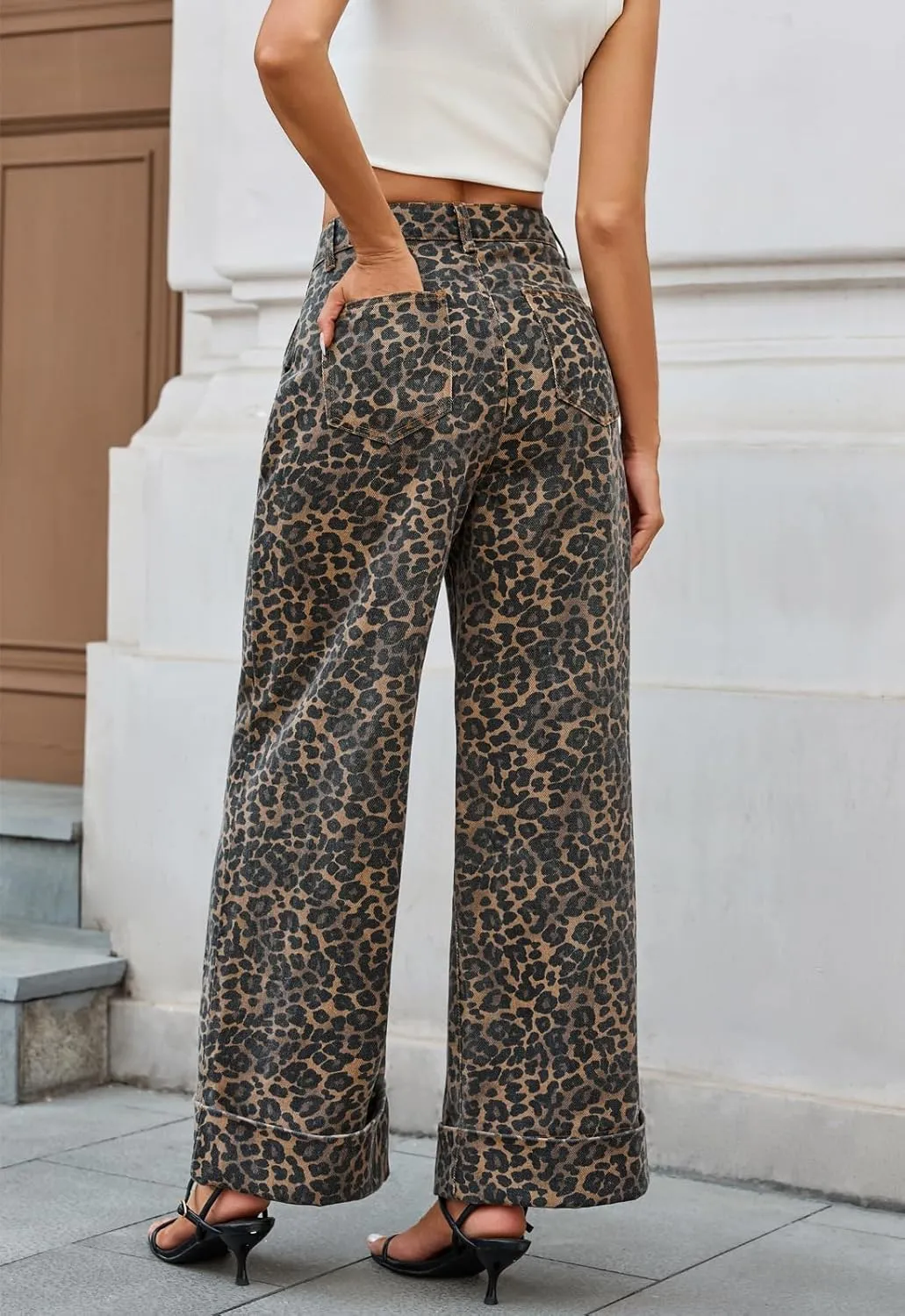 Wide Leg Jeans Woman High Waisted Leopard Print Baggy Jeans for Women Trendy Cuffed Denim Pants with Pockets