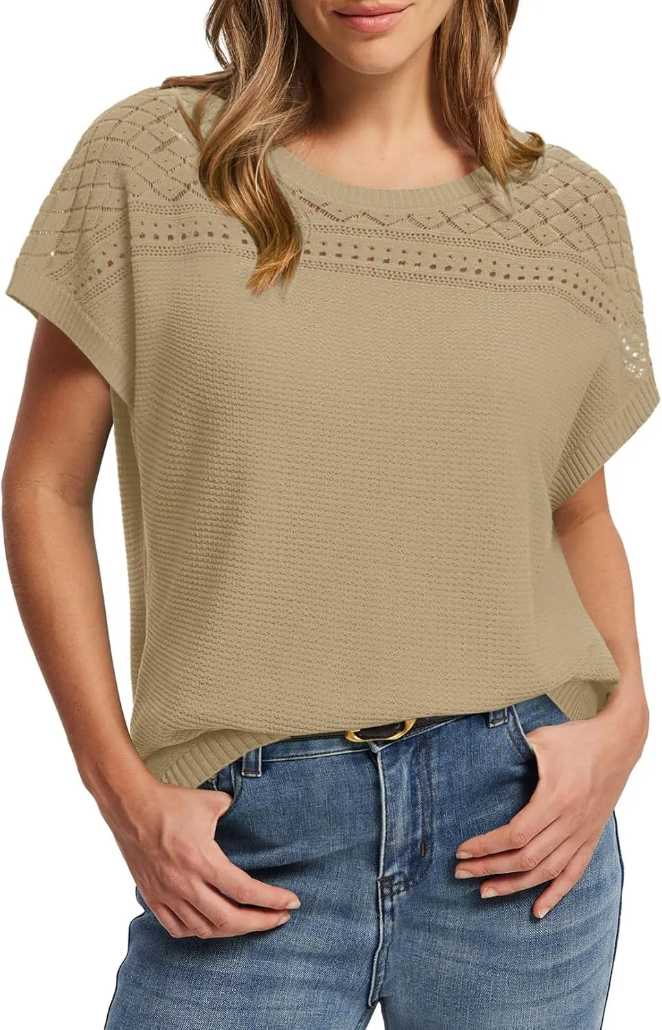 WIHOLL Short Sleeve Sweater for Women Crew Neck Spring Summer Tops 2025 Pointelle Knit Work Blouses Business Casual Outfits