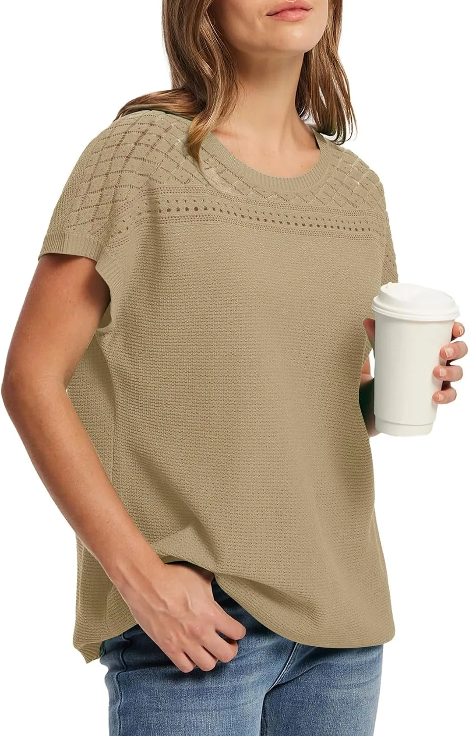 WIHOLL Short Sleeve Sweater for Women Crew Neck Spring Summer Tops 2025 Pointelle Knit Work Blouses Business Casual Outfits