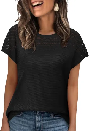 WIHOLL Short Sleeve Sweater for Women Crew Neck Spring Summer Tops 2025 Pointelle Knit Work Blouses Business Casual Outfits