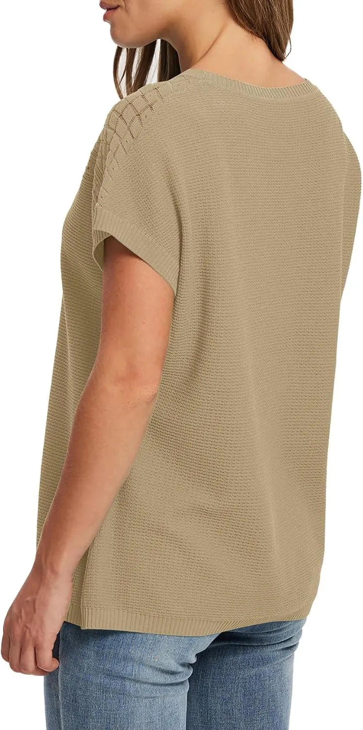 WIHOLL Short Sleeve Sweater for Women Crew Neck Spring Summer Tops 2025 Pointelle Knit Work Blouses Business Casual Outfits