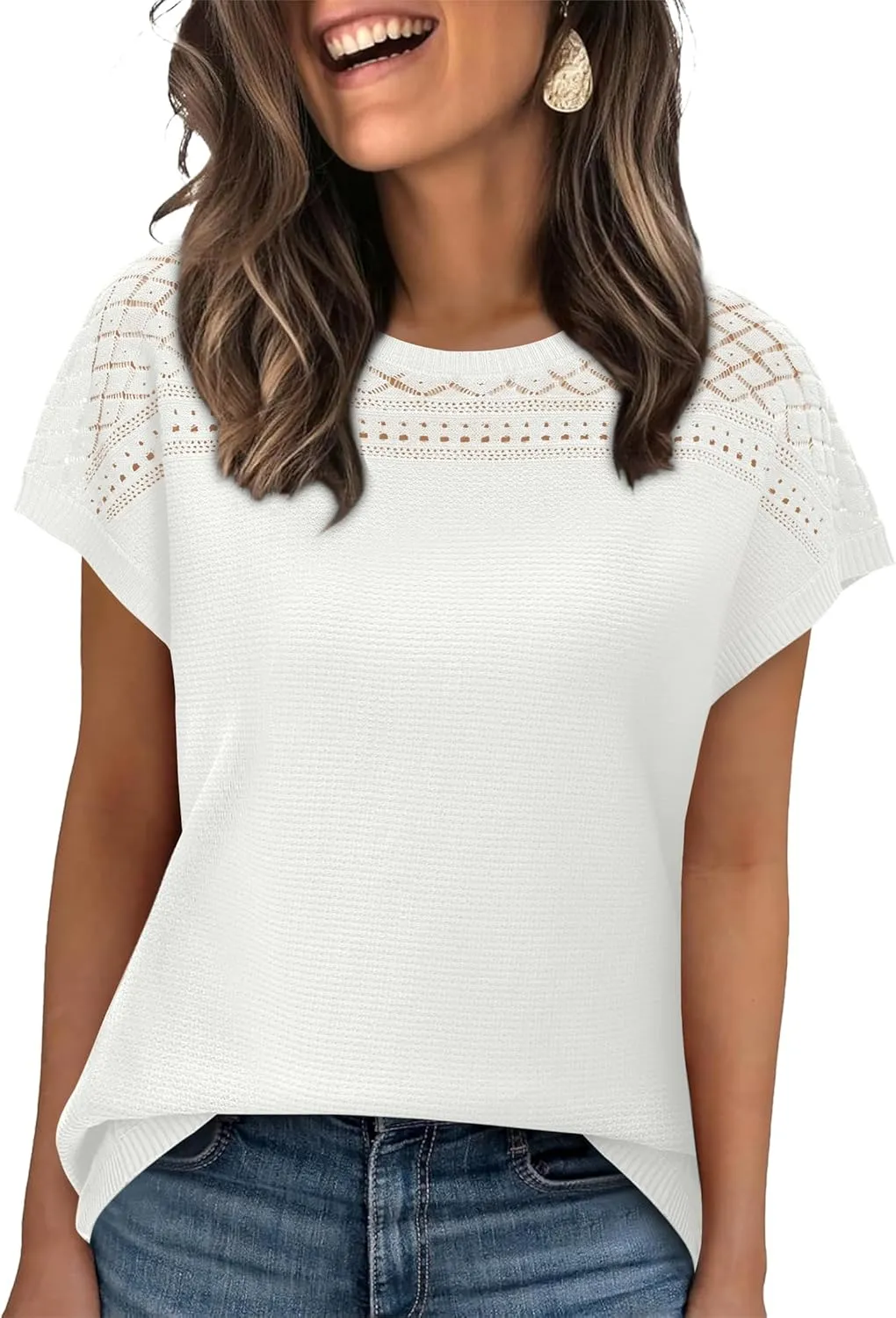 WIHOLL Short Sleeve Sweater for Women Crew Neck Spring Summer Tops 2025 Pointelle Knit Work Blouses Business Casual Outfits