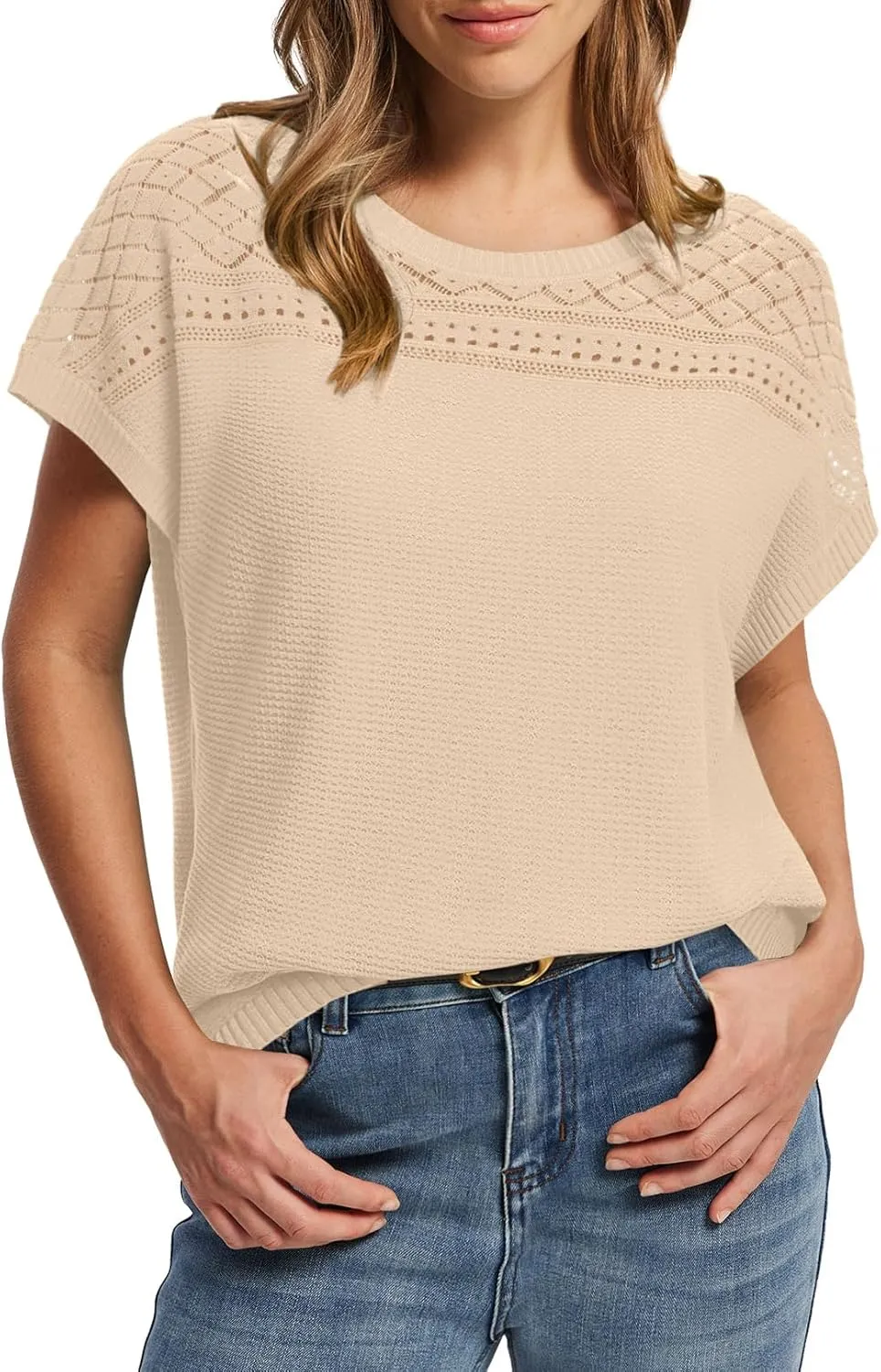 WIHOLL Short Sleeve Sweater for Women Crew Neck Spring Summer Tops 2025 Pointelle Knit Work Blouses Business Casual Outfits