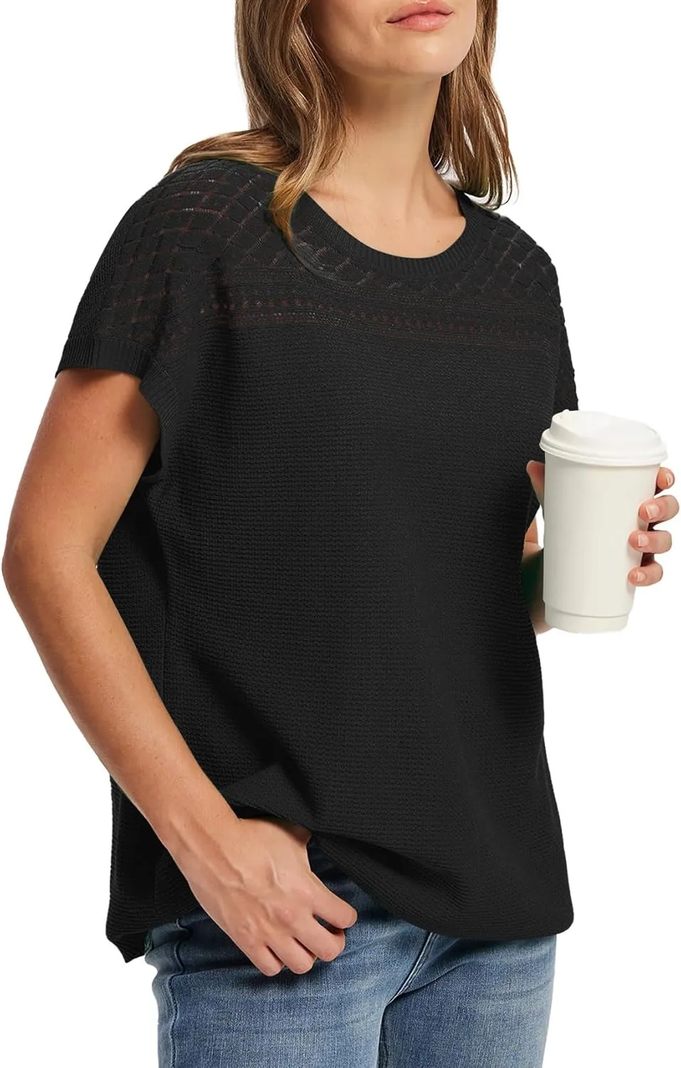 WIHOLL Short Sleeve Sweater for Women Crew Neck Spring Summer Tops 2025 Pointelle Knit Work Blouses Business Casual Outfits