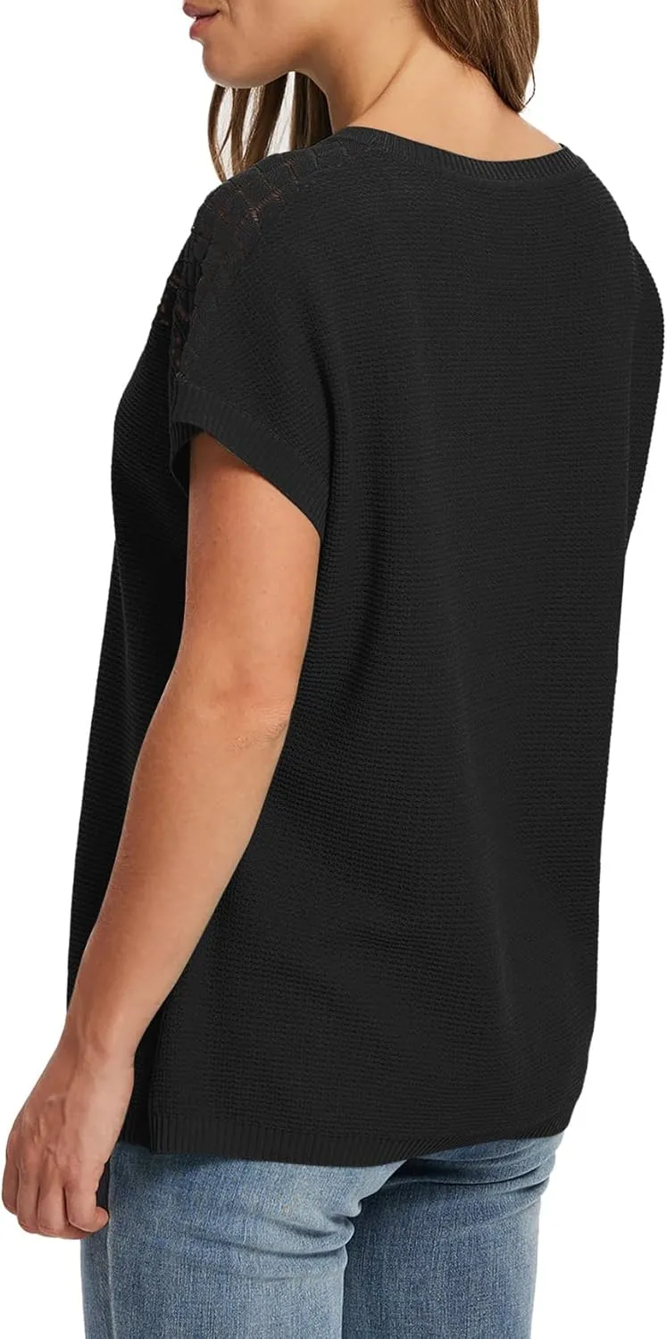WIHOLL Short Sleeve Sweater for Women Crew Neck Spring Summer Tops 2025 Pointelle Knit Work Blouses Business Casual Outfits
