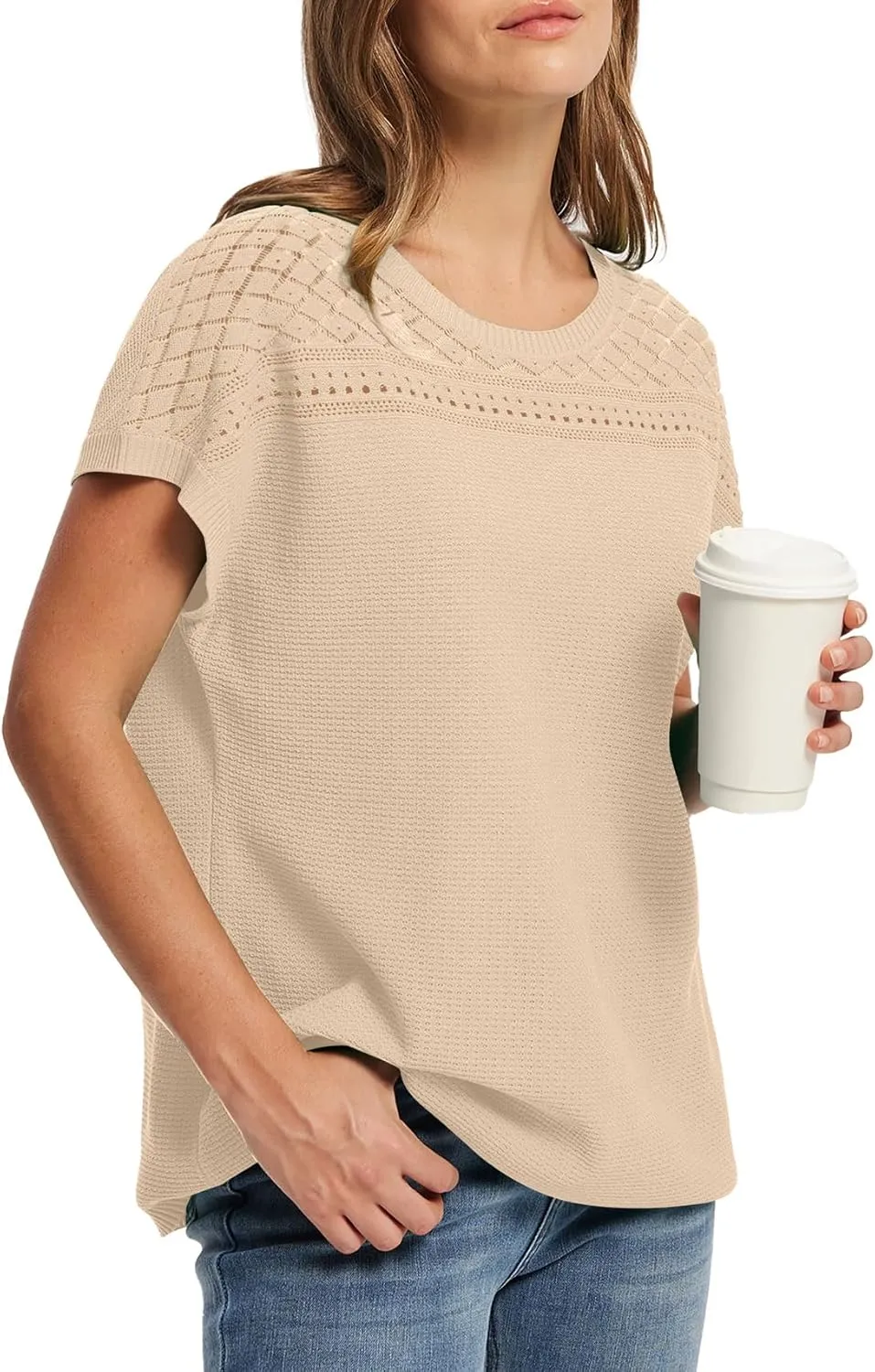 WIHOLL Short Sleeve Sweater for Women Crew Neck Spring Summer Tops 2025 Pointelle Knit Work Blouses Business Casual Outfits