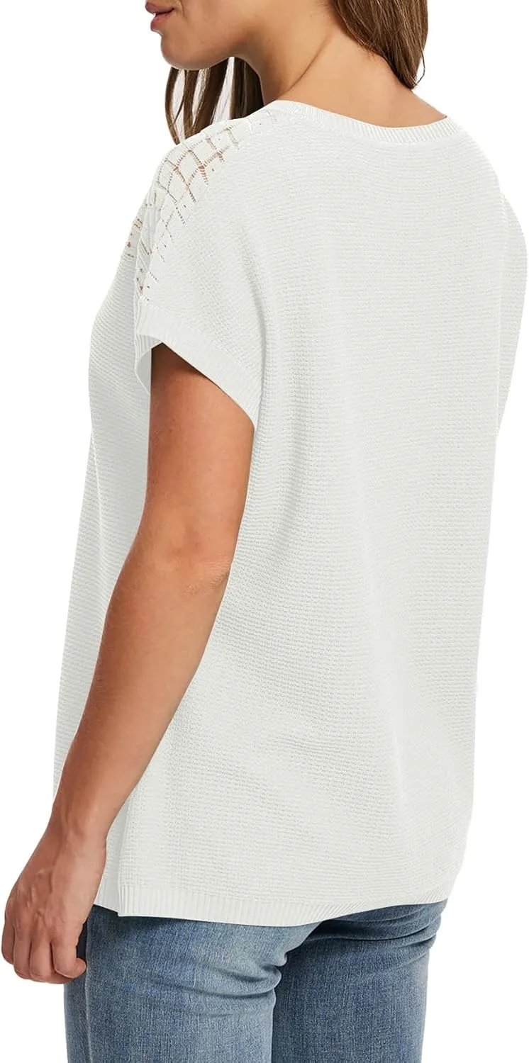 WIHOLL Short Sleeve Sweater for Women Crew Neck Spring Summer Tops 2025 Pointelle Knit Work Blouses Business Casual Outfits