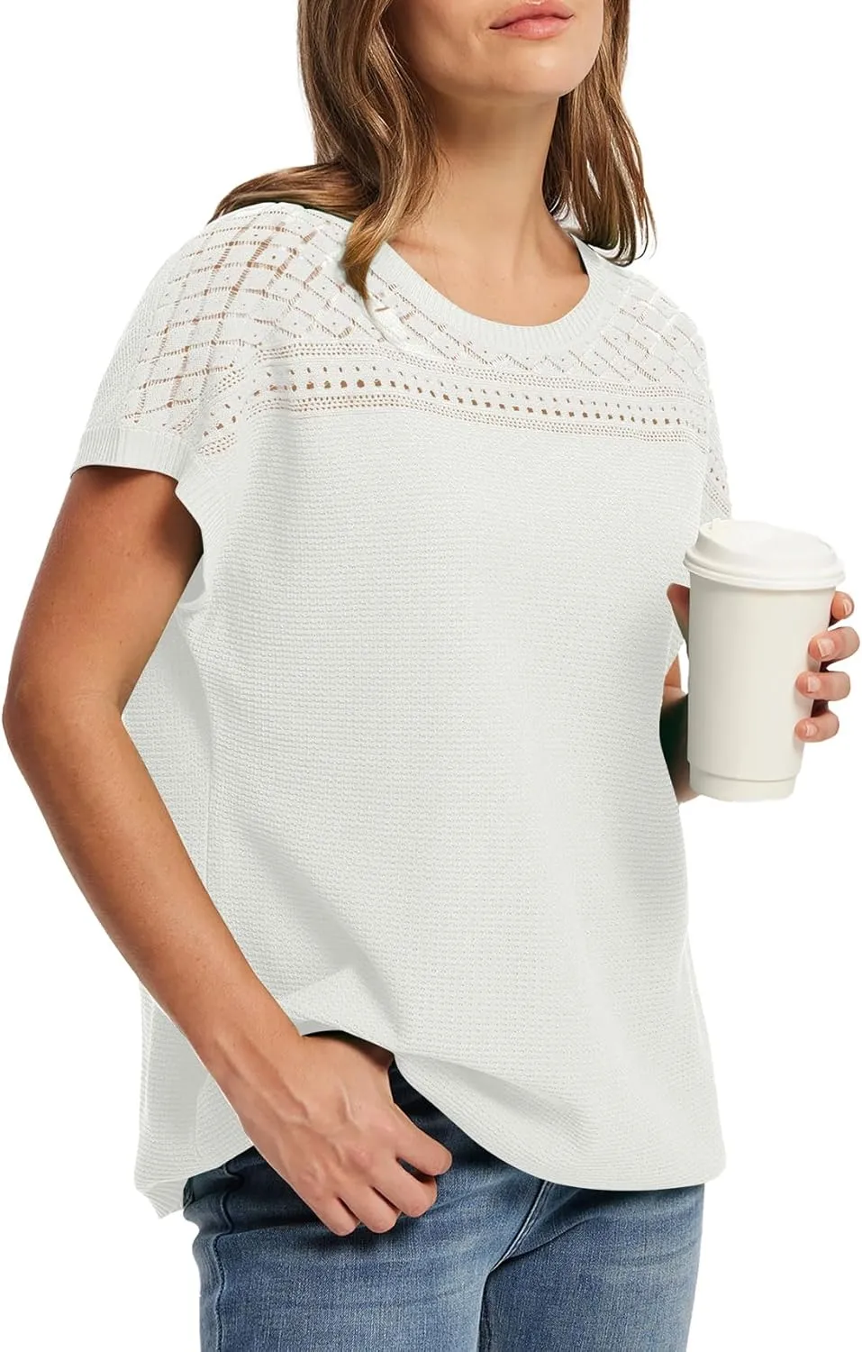 WIHOLL Short Sleeve Sweater for Women Crew Neck Spring Summer Tops 2025 Pointelle Knit Work Blouses Business Casual Outfits
