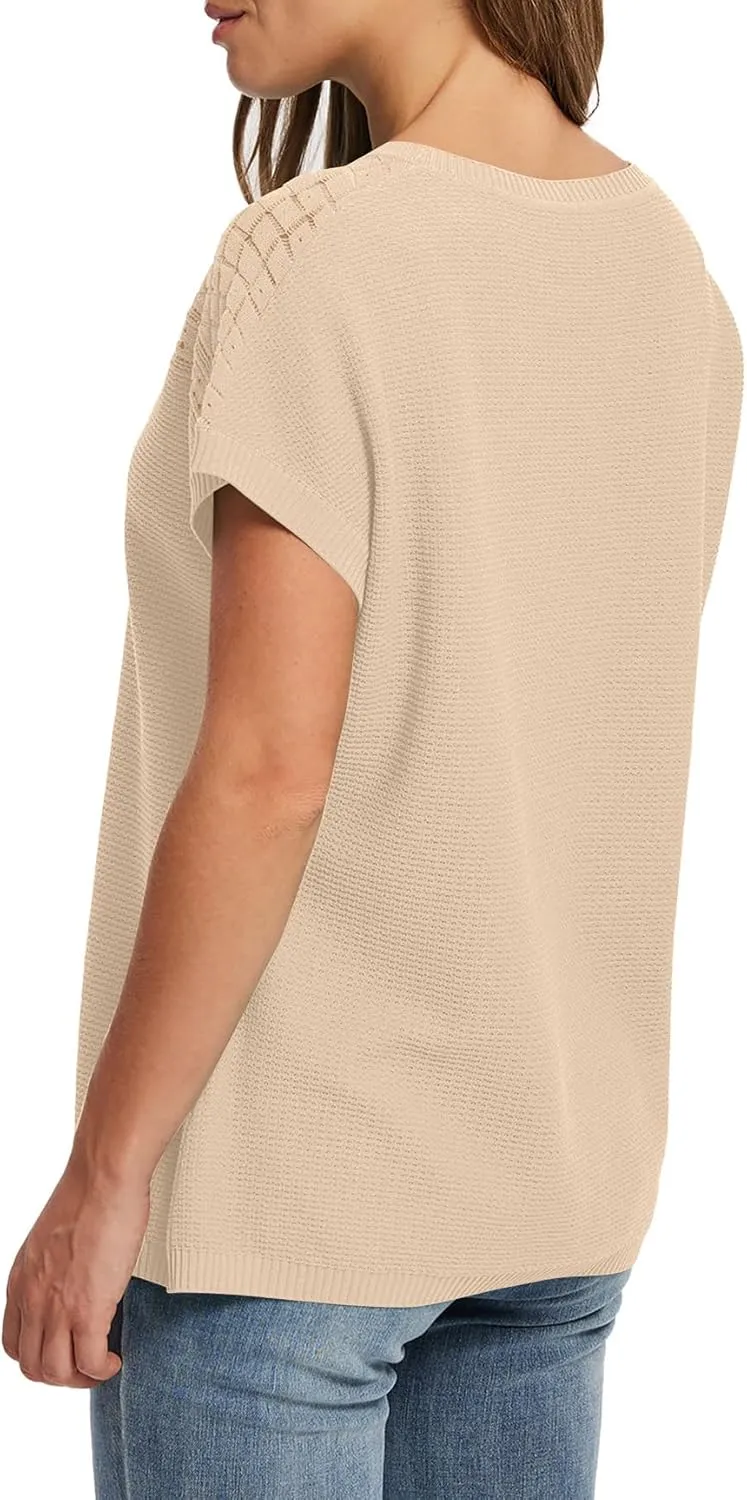 WIHOLL Short Sleeve Sweater for Women Crew Neck Spring Summer Tops 2025 Pointelle Knit Work Blouses Business Casual Outfits