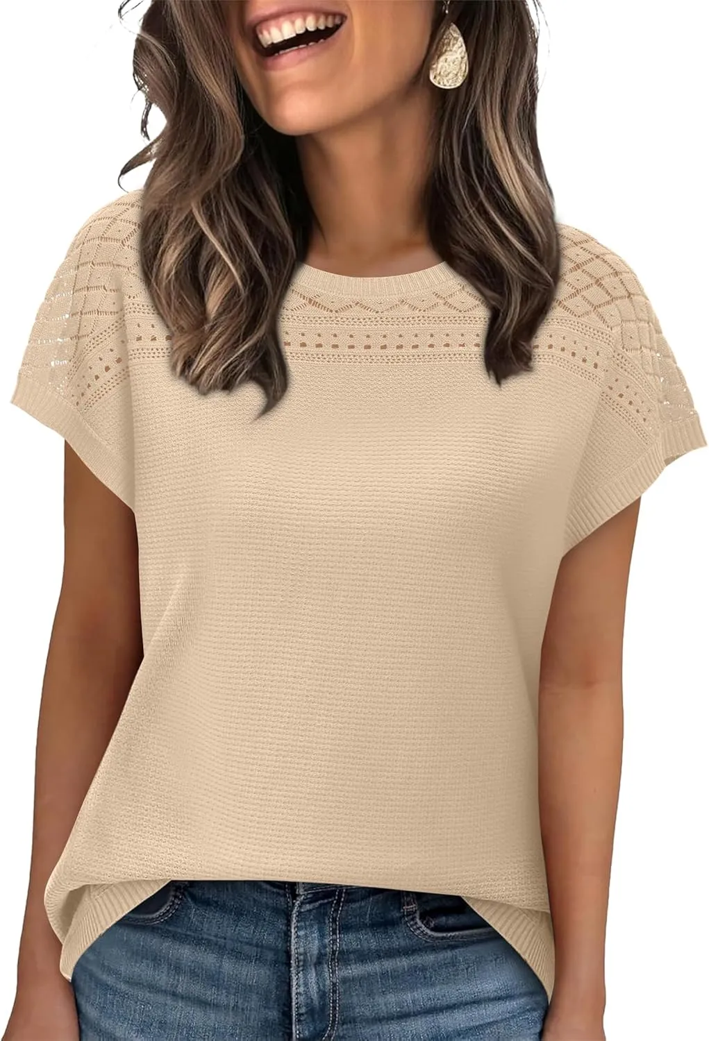 WIHOLL Short Sleeve Sweater for Women Crew Neck Spring Summer Tops 2025 Pointelle Knit Work Blouses Business Casual Outfits