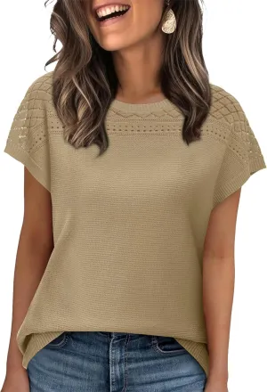 WIHOLL Short Sleeve Sweater for Women Crew Neck Spring Summer Tops 2025 Pointelle Knit Work Blouses Business Casual Outfits