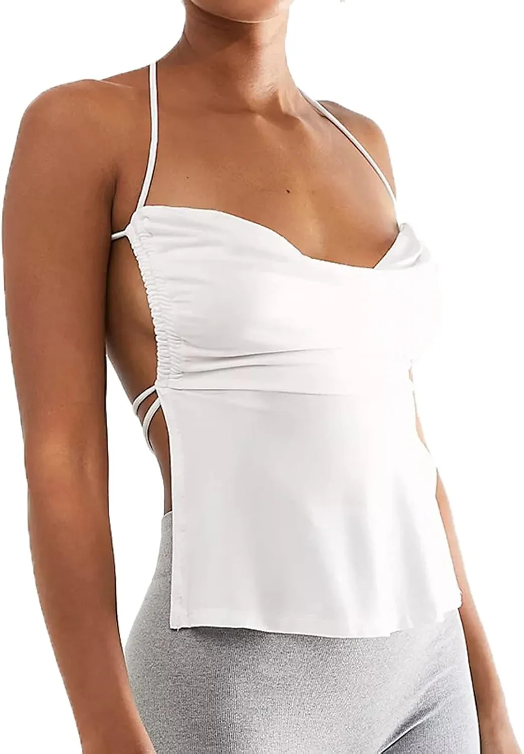 Women Backless Crop Cami Tops Spaghetti Strap Tie Up Camisole Sleeveless Halter Summer Going Out Tops