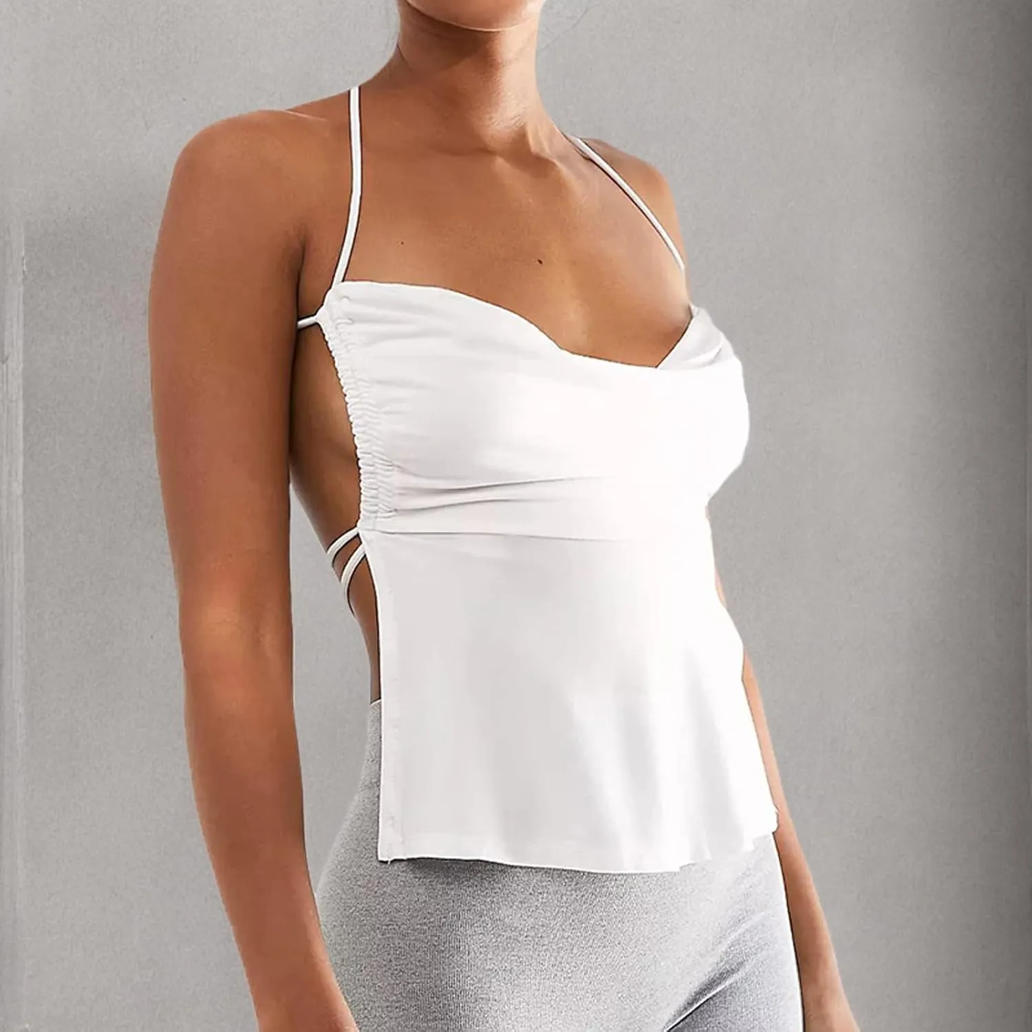 Women Backless Crop Cami Tops Spaghetti Strap Tie Up Camisole Sleeveless Halter Summer Going Out Tops