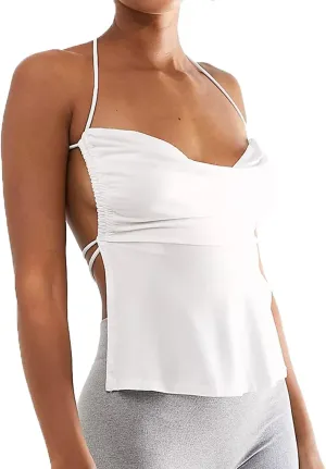Women Backless Crop Cami Tops Spaghetti Strap Tie Up Camisole Sleeveless Halter Summer Going Out Tops