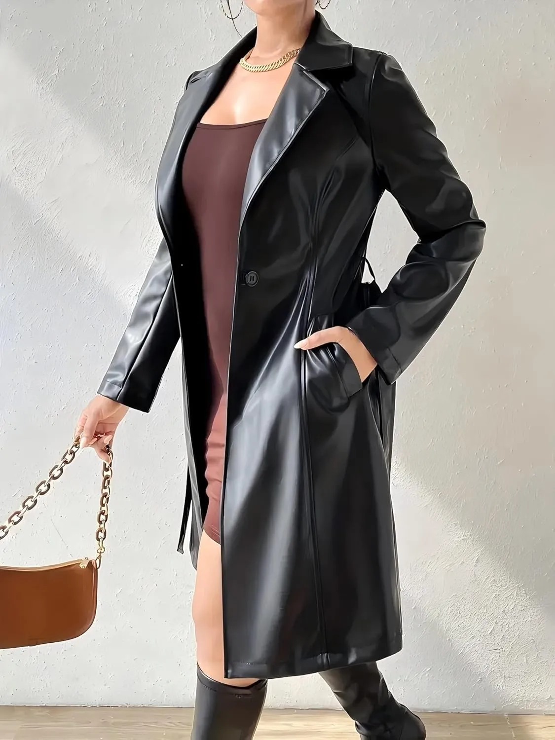 Women Black Leather Trench Coat Long Leather Jacket Women Long Sleeve Motorcycle Biker With Belt