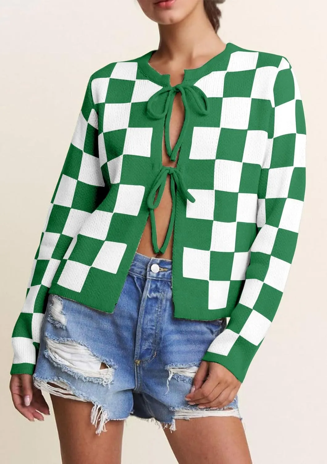 Women Checkered Bow Tie Cardigan Y2K Plaid Color Block Long Sleeve Open Front Sweater Hollow Out Knit Jacket