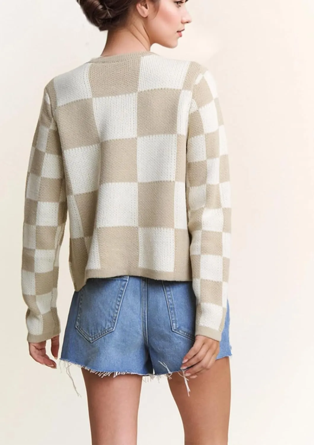 Women Checkered Bow Tie Cardigan Y2K Plaid Color Block Long Sleeve Open Front Sweater Hollow Out Knit Jacket