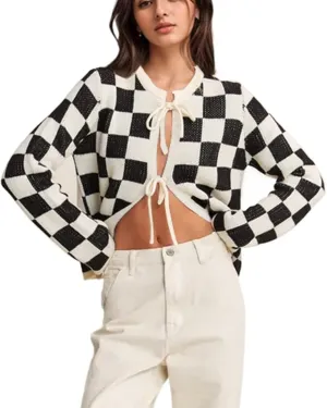 Women Checkered Bow Tie Cardigan Y2K Plaid Color Block Long Sleeve Open Front Sweater Hollow Out Knit Jacket