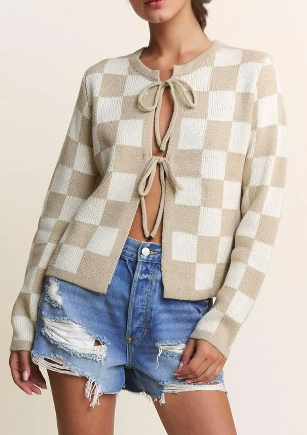 Women Checkered Bow Tie Cardigan Y2K Plaid Color Block Long Sleeve Open Front Sweater Hollow Out Knit Jacket