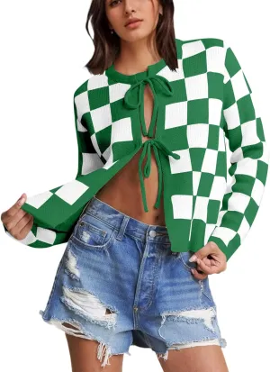 Women Checkered Bow Tie Cardigan Y2K Plaid Color Block Long Sleeve Open Front Sweater Hollow Out Knit Jacket