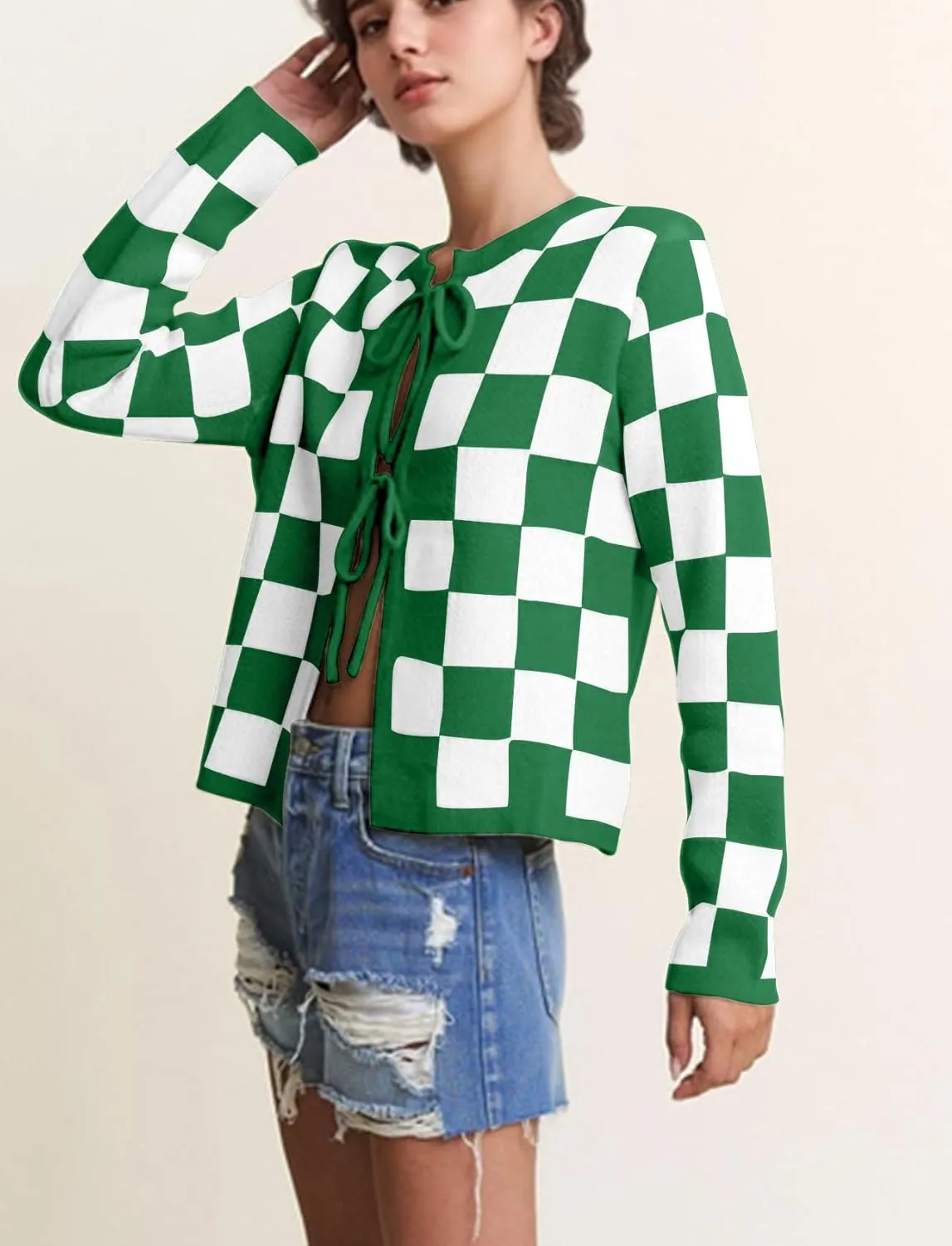 Women Checkered Bow Tie Cardigan Y2K Plaid Color Block Long Sleeve Open Front Sweater Hollow Out Knit Jacket