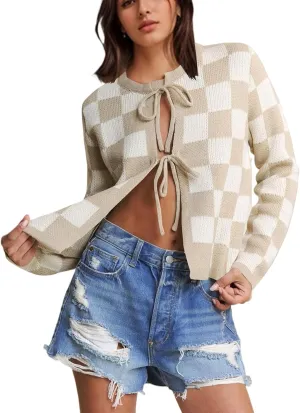 Women Checkered Bow Tie Cardigan Y2K Plaid Color Block Long Sleeve Open Front Sweater Hollow Out Knit Jacket