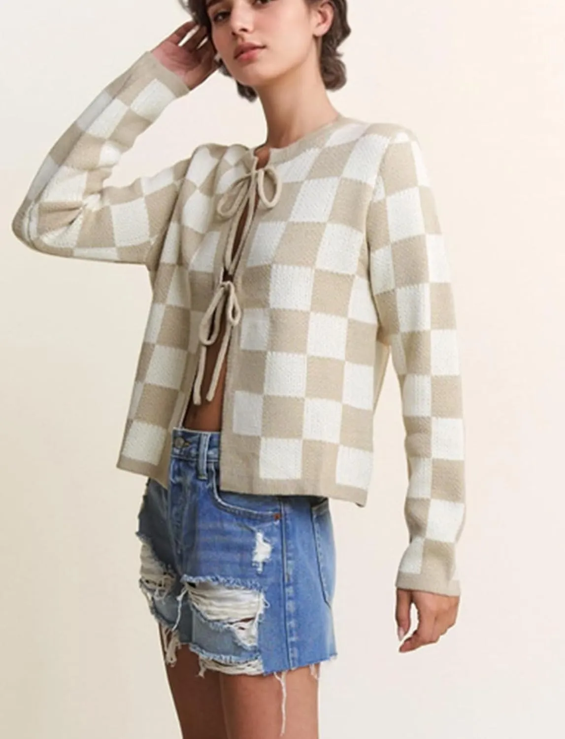 Women Checkered Bow Tie Cardigan Y2K Plaid Color Block Long Sleeve Open Front Sweater Hollow Out Knit Jacket