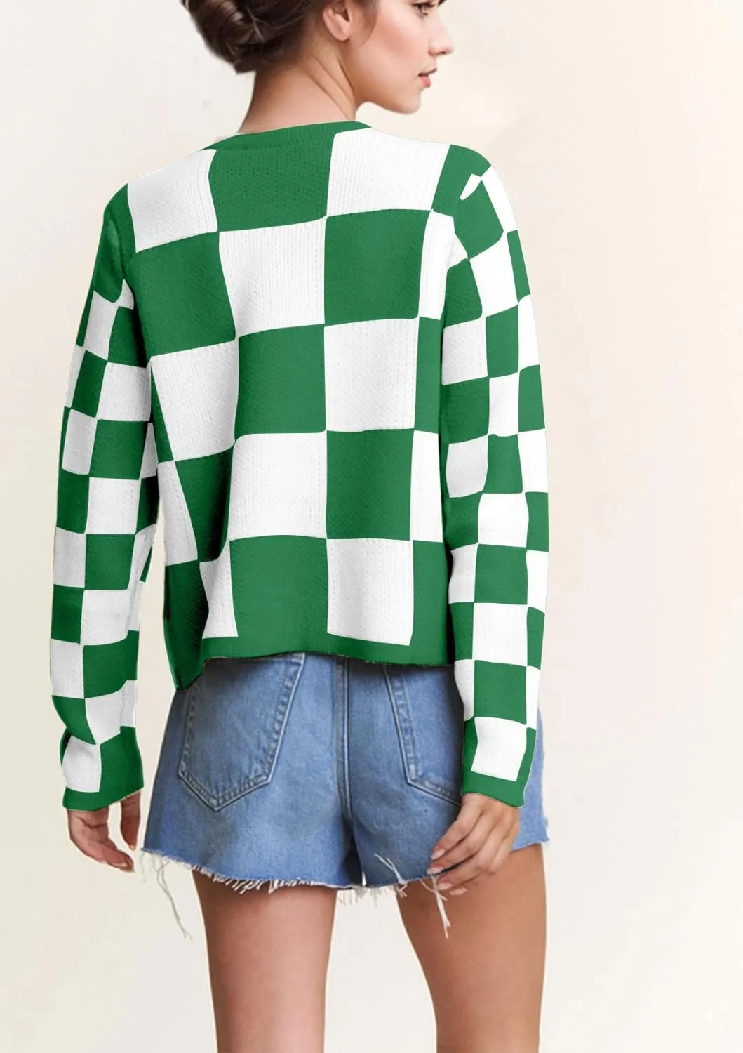 Women Checkered Bow Tie Cardigan Y2K Plaid Color Block Long Sleeve Open Front Sweater Hollow Out Knit Jacket