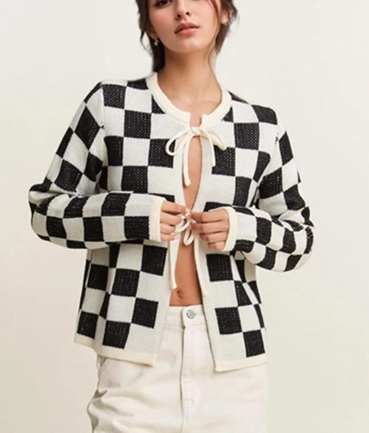 Women Checkered Bow Tie Cardigan Y2K Plaid Color Block Long Sleeve Open Front Sweater Hollow Out Knit Jacket