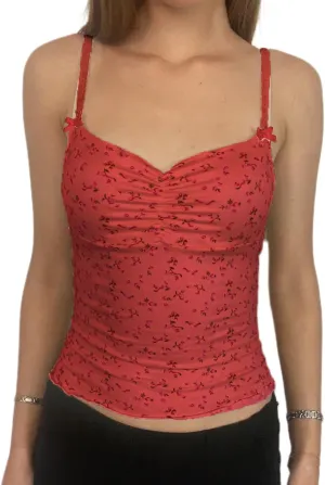 Women Coquette Ditsy Floral Camisoles Spaghetti Strap V Neck Ruched Bust Fitted Tank Tops Y2K Going Out