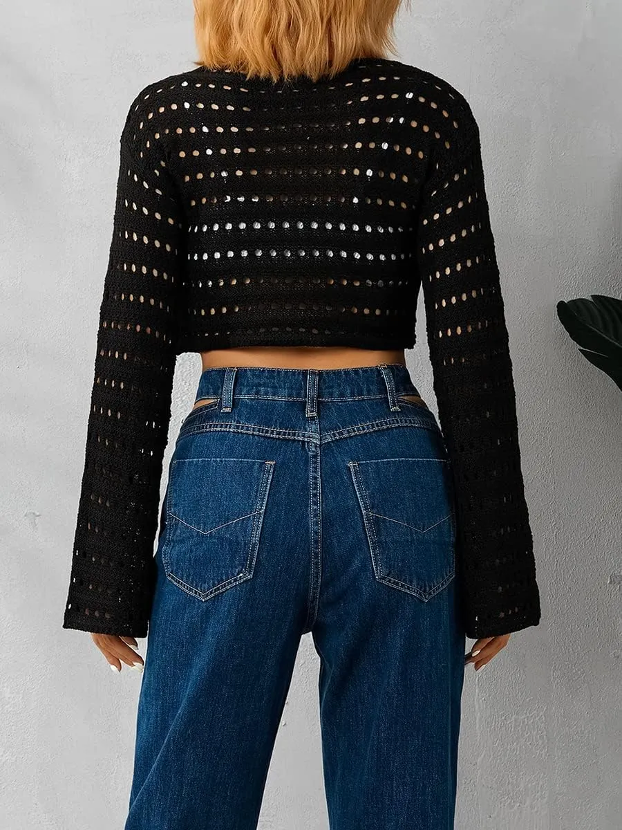 Women Hollow Out Crochet Knit Crop Tops Color Block Long Sleeve Square Neck Fall Sweaters Tops