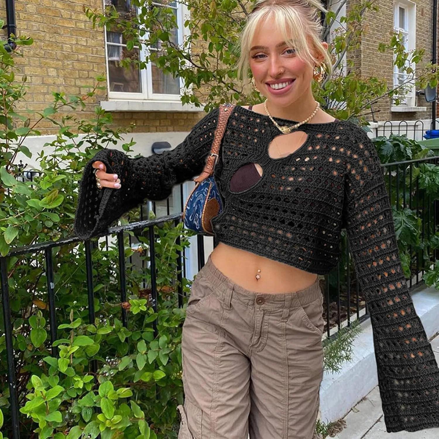 Women Hollow Out Crochet Knit Crop Tops Color Block Long Sleeve Square Neck Fall Sweaters Tops