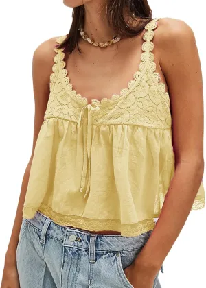 Women Lace Trim Crop Tank Top Tie Front Y2k Sexy Babydoll Cami Shirt Semi Sheer Going Out Tops