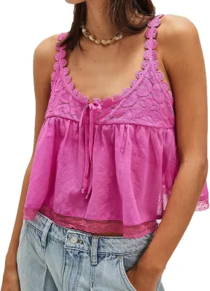 Women Lace Trim Crop Tank Top Tie Front Y2k Sexy Babydoll Cami Shirt Semi Sheer Going Out Tops